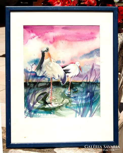S. R. Hooge: storks, 1972 - original watercolor, framed