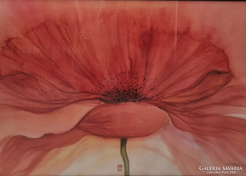 Kisteleki margit silk painting-poppy portrait-90 * 50 cm