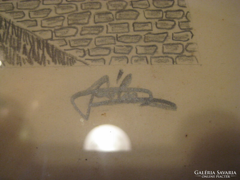 Tihany látkép  , 1982  egyedi , grafika , ceruza rajz  üveg alatt ,  Szignós   !