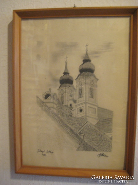 Tihany látkép  , 1982  egyedi , grafika , ceruza rajz  üveg alatt ,  Szignós   !