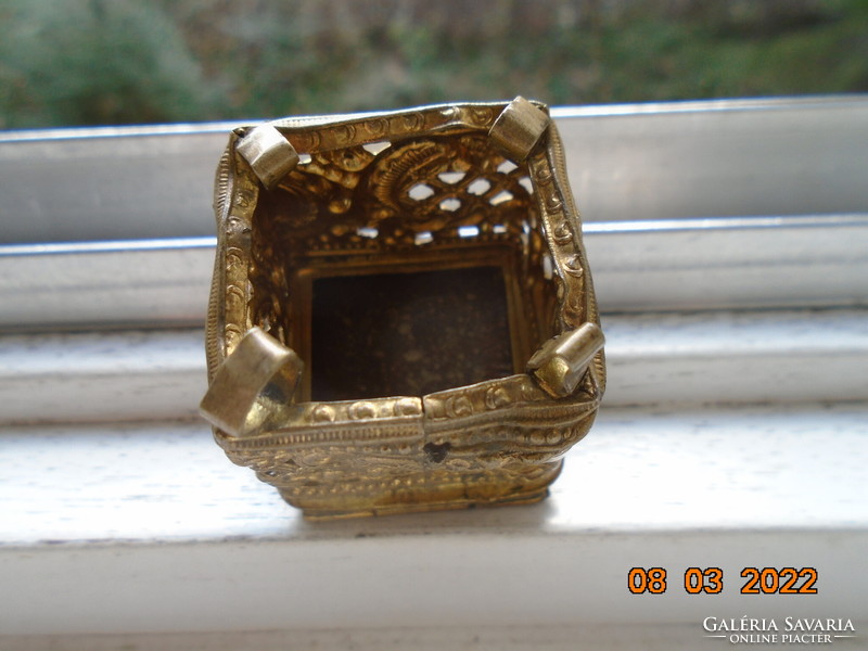 Antique baroque ormolu gilded bronze ring holder with thick crystal top