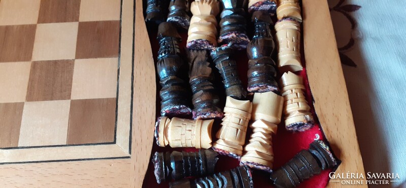 Set of large hand-carved inlaid chess