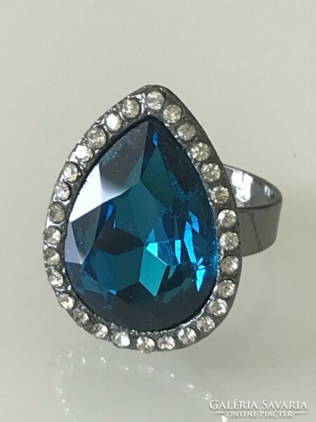 Drop-shaped, huge polished crystal ring, adjustable size, new!