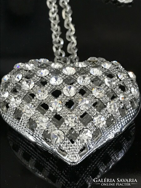 Huge heart pendant necklace inlaid with Swarovski crystals, 68 cm long