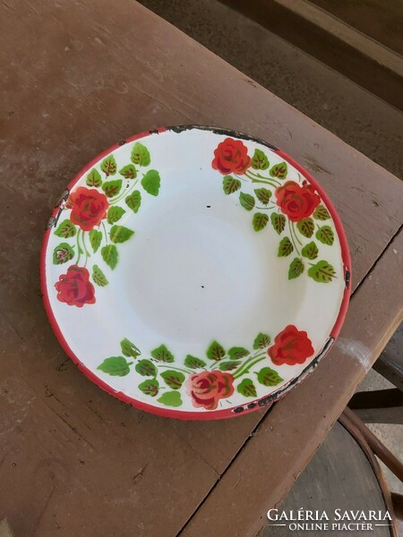 Lampart rózsás virágos zománcos  Zománcozott tányér mélytányér Gyűjtői darab  nosztalgia