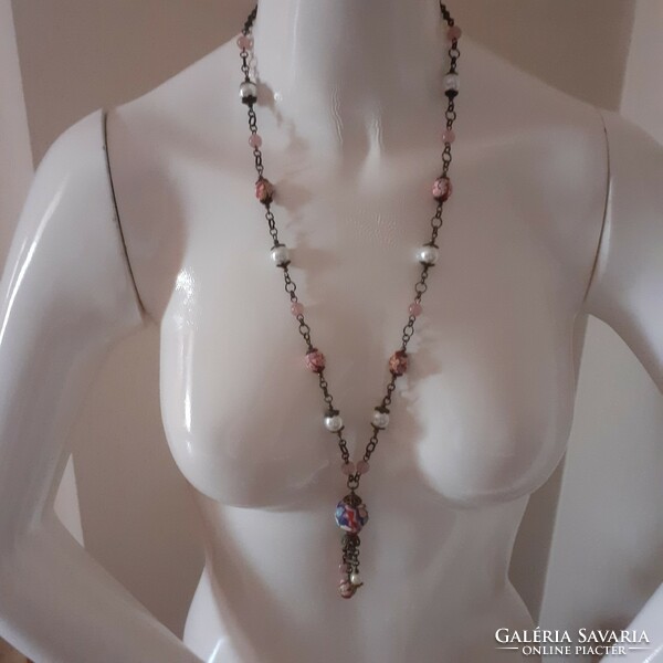 Floral plasticine beaded long necklace