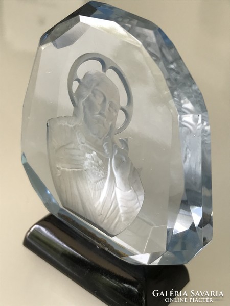 Art deco cseh kristály üvegdísz intaglio Jézus fejjel, Schlevogt Ingrid sorozat , 8 cm magas