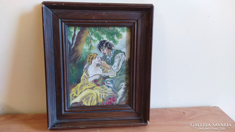(k) Romantikus kis antik festmény 21x25 cm