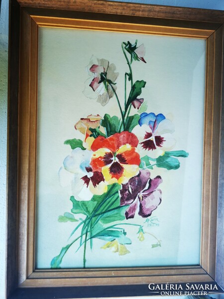 Shabby chic style watercolor picture for sale. Pansies. Vintage piece. Sign of the kern,