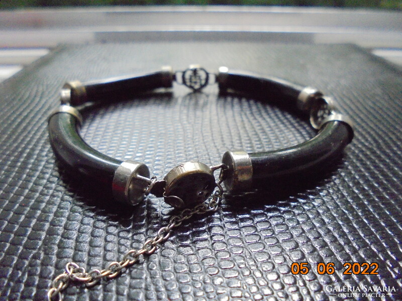 Chinese black polished onyx bracelet with silver plated fittings with calligraphic lucky signs