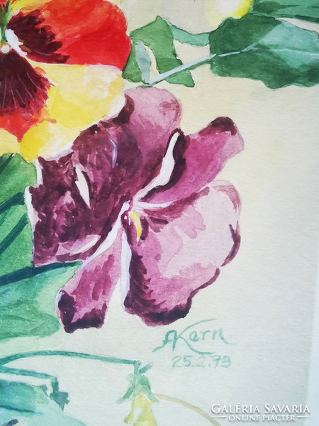 Shabby chic style watercolor picture for sale. Pansies. Vintage piece. Sign of the kern,