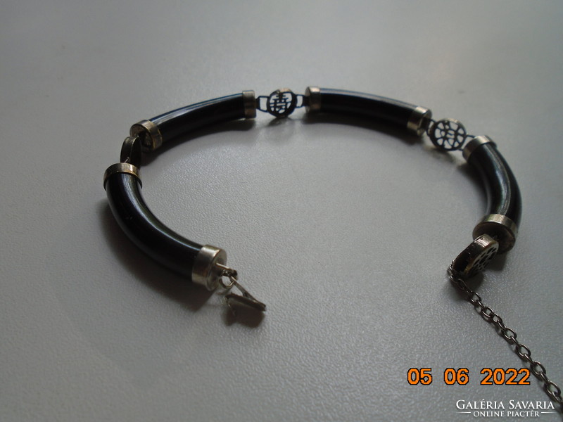 Chinese black polished onyx bracelet with silver plated fittings with calligraphic lucky signs