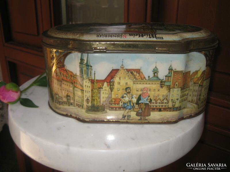Régi , Nürnbergi  Lebkuchen  , mézeskalácsos  fém doboz  21 x 12 x 10 cm