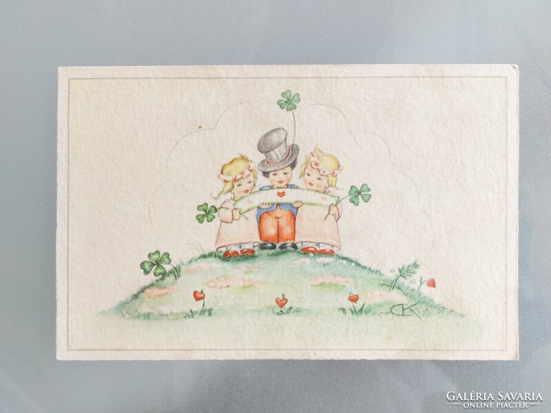 Old postcard style postcard with kids clover heart