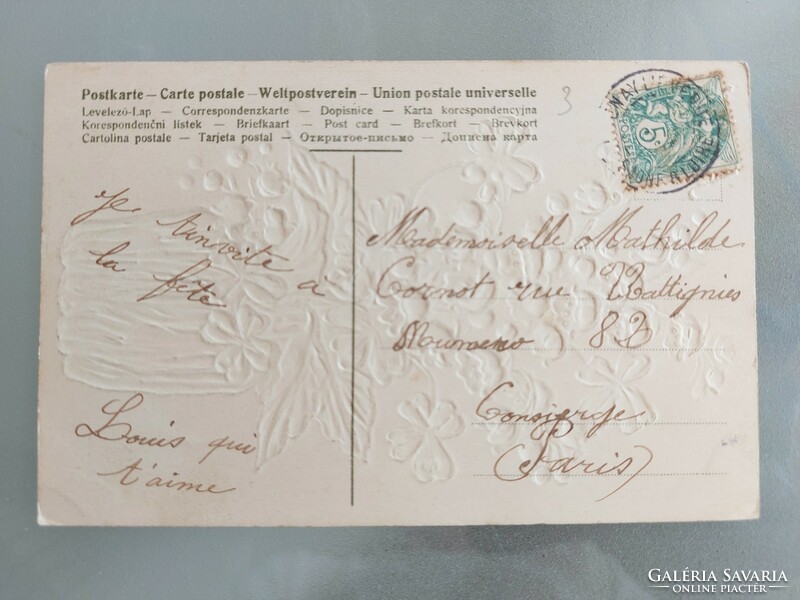 Régi dombornyomott képeslap levelezőlap gyöngyvirág lóhere