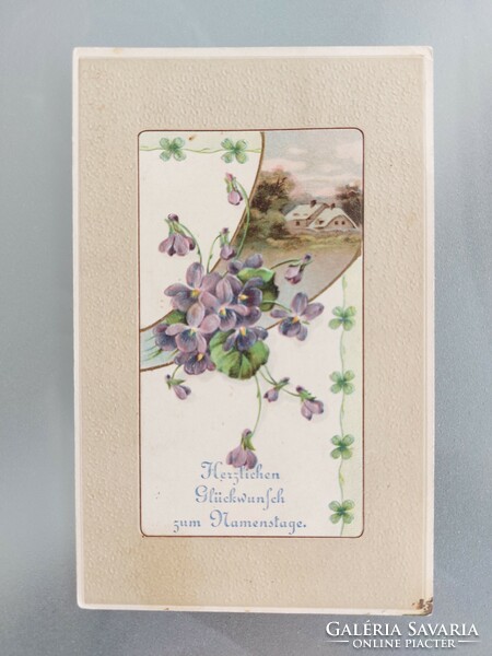 Old embossed postcard postcard violet clover cottage
