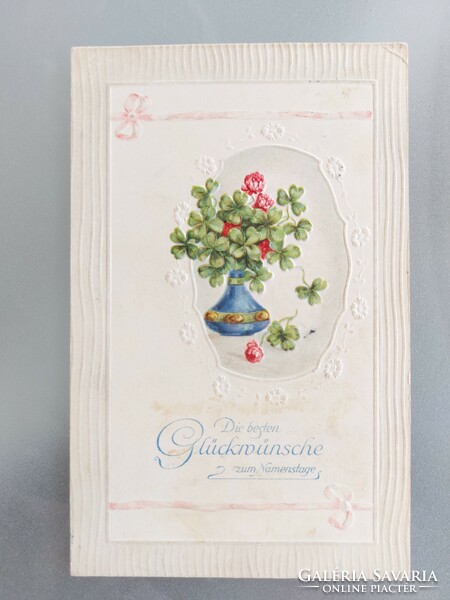 Old embossed postcard postcard vase clover bow
