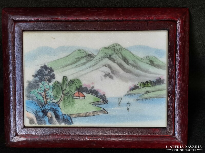 Old hand painted Japanese porcelain picture, landscape in full frame