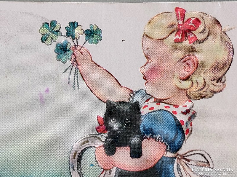 Old postcard art drawing thé benoit postcard little girl kitten clover horseshoe