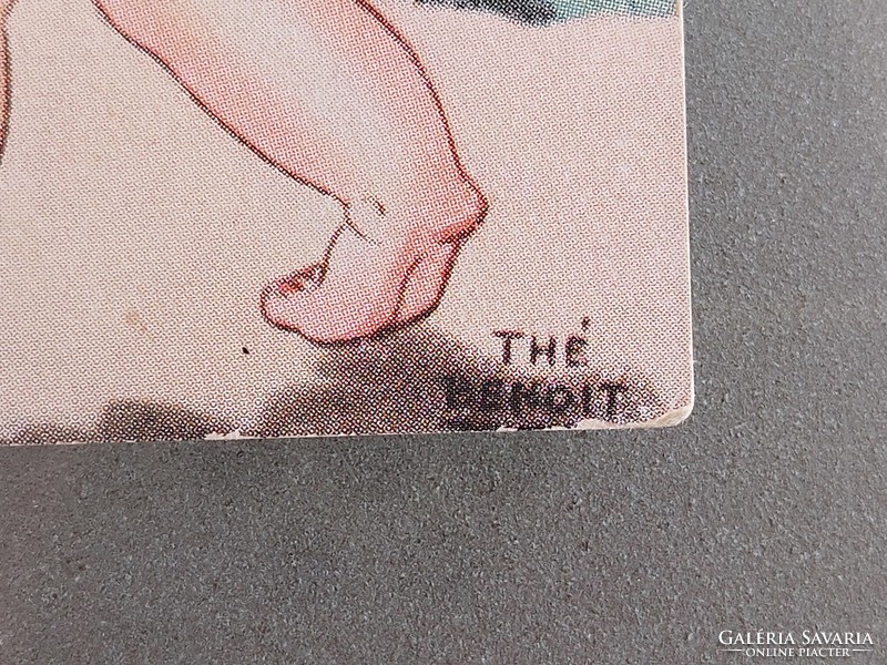 Old postcard art drawing thé benoit postcard little girl kitten clover horseshoe