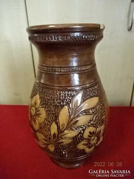 German glazed ceramic vase with a carved leaf pattern on the side. He has! Jókai.