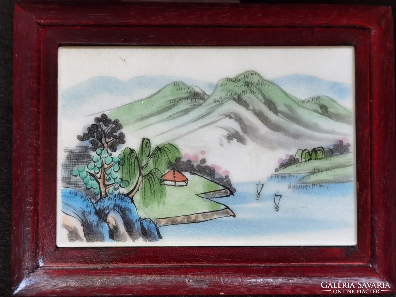Old hand painted Japanese porcelain picture, landscape in full frame