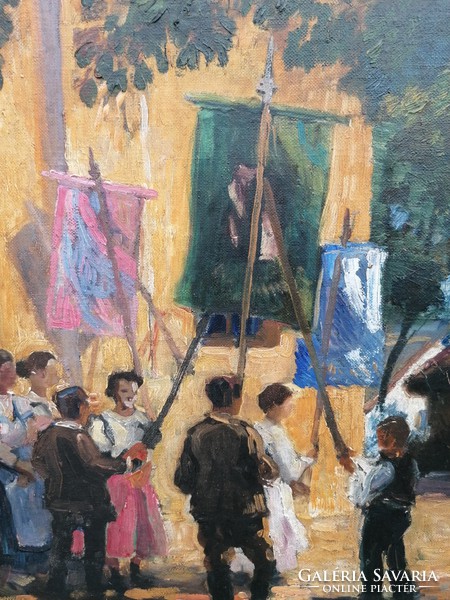 Procession / Impressionist painting by Ferenc Ujváry (1898-1971)