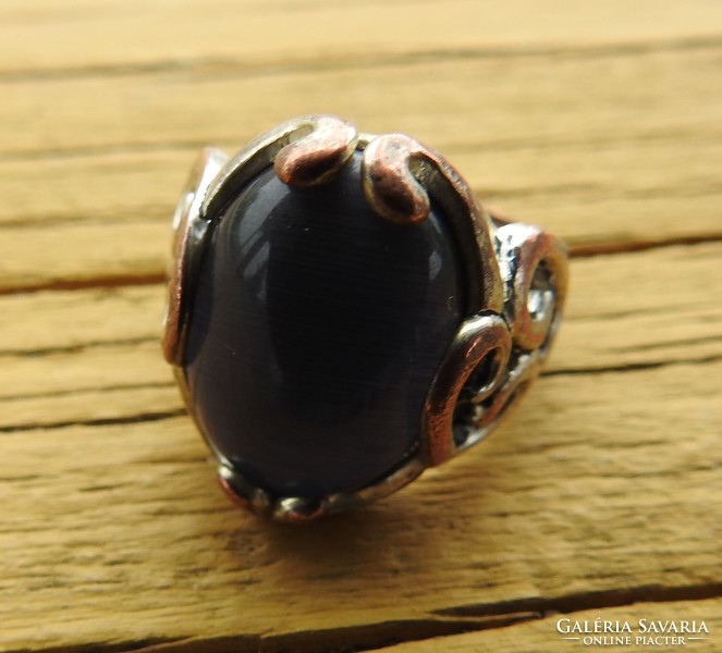 Antique silver plated bronze seal ring with huge black stone