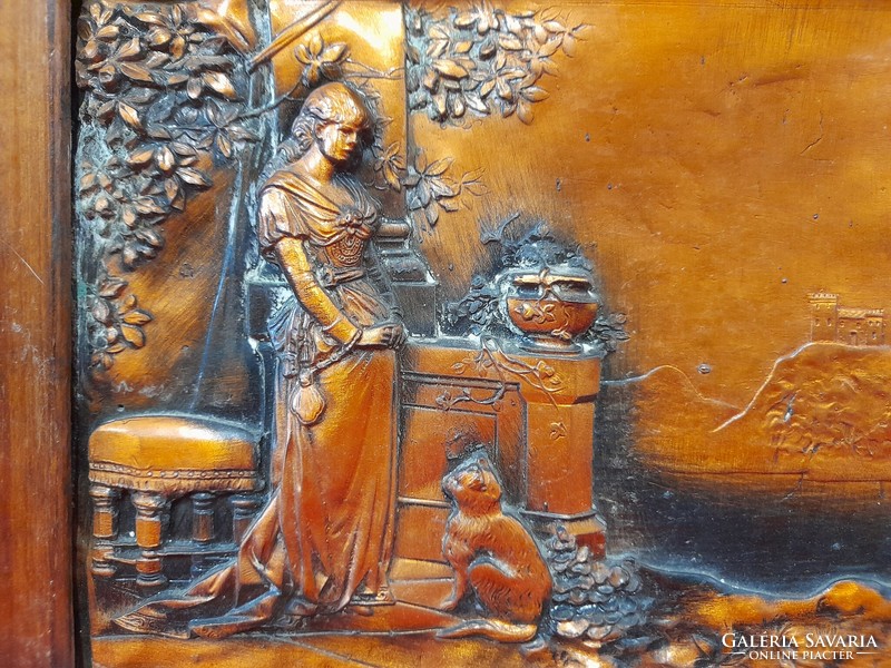 Retro bronze, copper antique scene embossed wall picture.