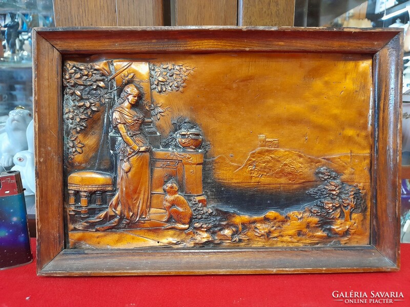 Retro bronze, copper antique scene embossed wall picture.