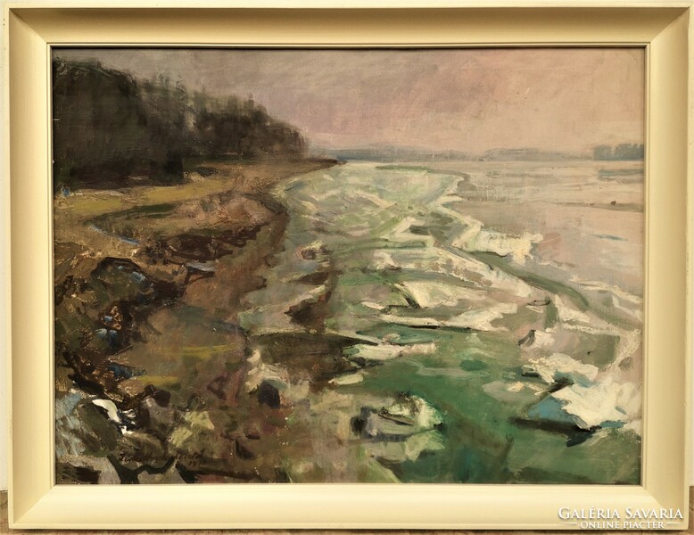 László Zirkelbach's (1916 - 2014) winter painting on the Danube bank with original guarantee!