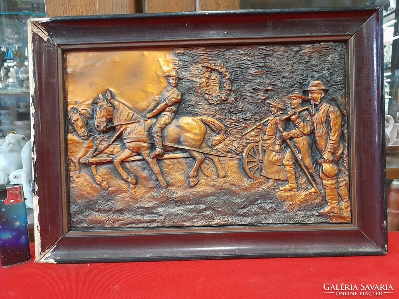 Retro bronze, copper horse-drawn chariot farmers embossed wall picture. Indicated.