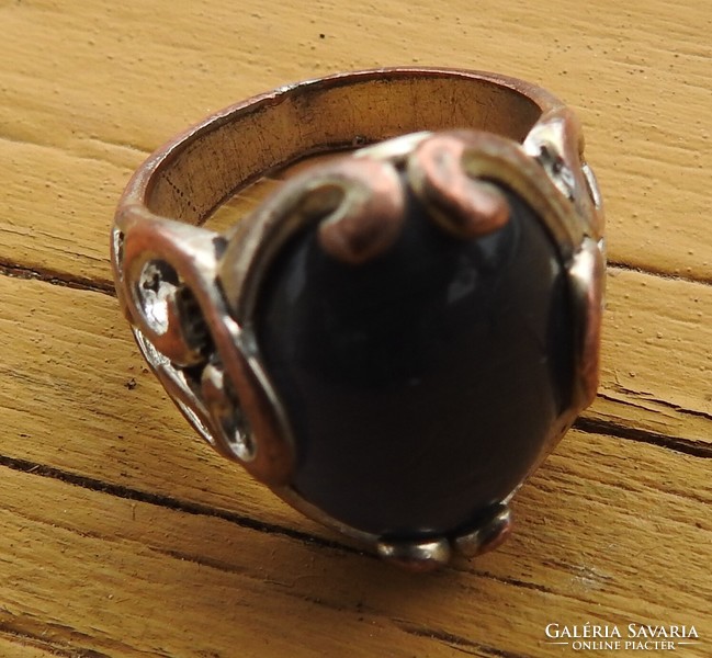 Antique silver plated bronze seal ring with huge black stone