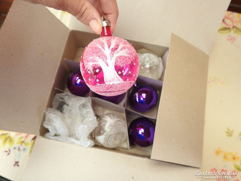 Régi kézzel festett üveg gömb karácsonyfadíszek 10 db