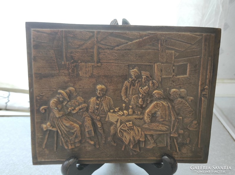 Bronze wall picture, antique pub scene with smoking pipe, people smoking