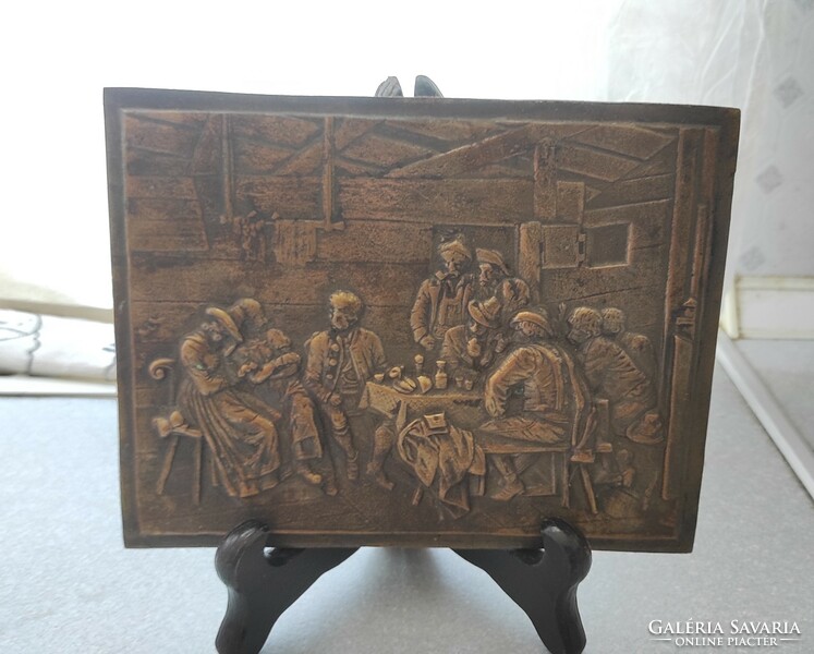 Bronze wall picture, antique pub scene with smoking pipe, people smoking