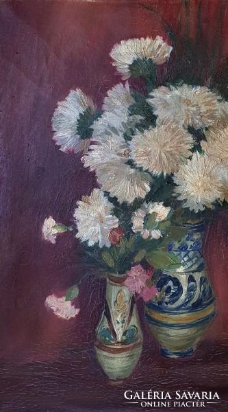 Igmándy Schranz Emil 1906-1987 festőművész, grafikus munkája, olajfestmény.Virág csendélet.