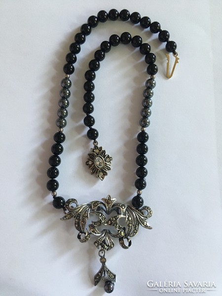 Art Nouveau style necklace collier silver onyx hematite marcasite old