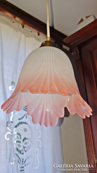 Old, art nouveau, pink, antique, glass flower chandelier, ceiling lamp.