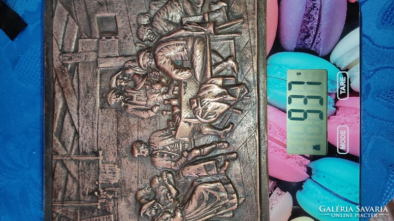 Bronze wall picture, antique pub scene with smoking pipe, people smoking