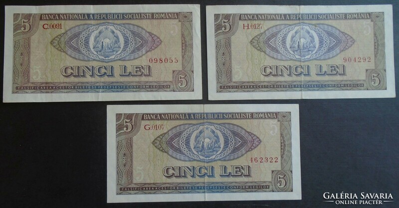 27  73  Régi bankjegyek  (3 db)  -  ROMÁNIA 5  Lej  1966   VF