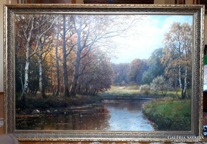 Antique large 110x160 cm painting Lauritz Sørensen Danish painter (1882-1968) landscape with birch trees and river