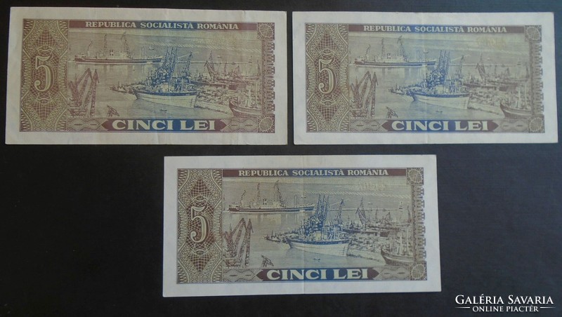27  73  Régi bankjegyek  (3 db)  -  ROMÁNIA 5  Lej  1966   VF