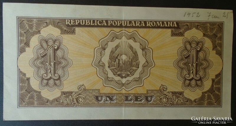 27  54  Régi bankjegy  -  ROMÁNIA 1  Lej  1952  piros széria  -ritka