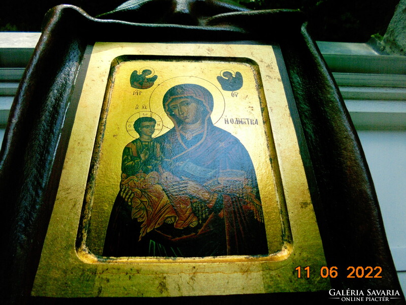 Aranyozott ortodox ikon, vastag bőrrel bevont keretbe