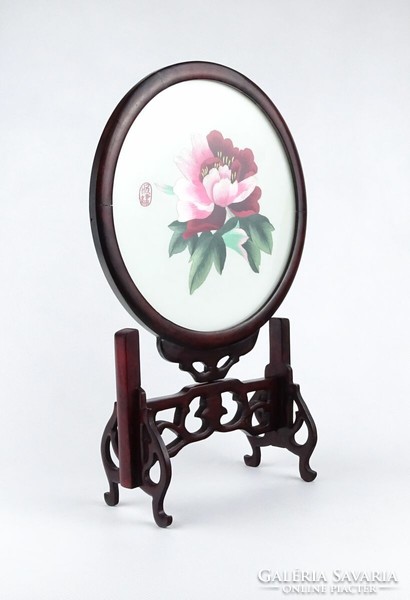 1J389 Chinese teak framed silk embroidered handicraft ornament