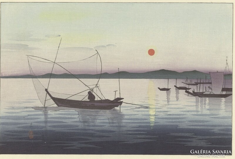 Ohara Koson  - Halászbárkák napnyugtában - vakrámás vászon reprint