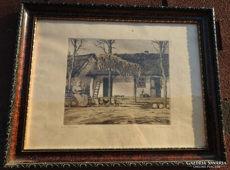 Star Joseph (1894-1977) - farmyard - colored etching with root inlay in antique frame
