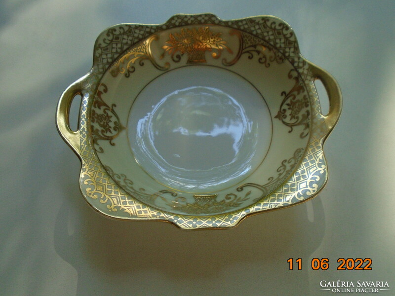 Noritake luxury Japanese porcelain, gold brocade flower basket pattern, rectangular decorative plate with handles