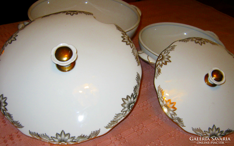 Old covered bowl of soup stewed pasta serving bowl gilded